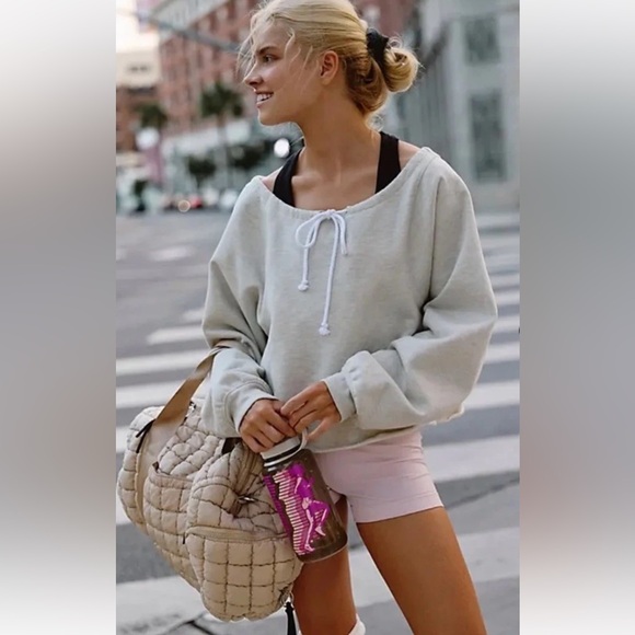 Free People For The Win Off The Shoulder Sweatshirt We The Free Tie Oatmeal - Picture 1 of 6